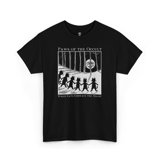Black crew neck t-shirt with a graphic print of a cat dancing in the moonlight, saying paws of the occult