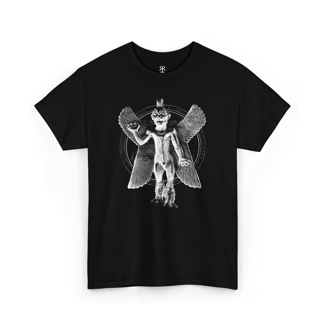 Black T-shirt with a graphic print of the ancient Mesopotamian demon Pazuzu.