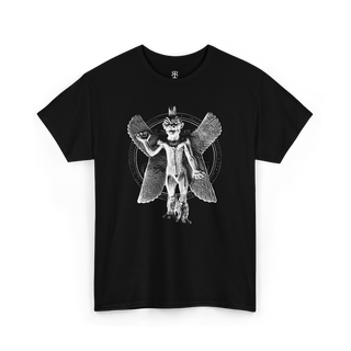 Black T-shirt with a graphic print of the ancient Mesopotamian demon Pazuzu.