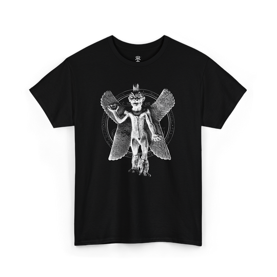 Black T-shirt with a graphic print of the ancient Mesopotamian demon Pazuzu.