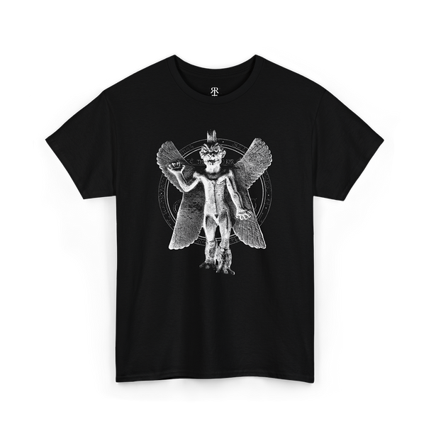 Black T-shirt with a graphic print of the ancient Mesopotamian demon Pazuzu.
