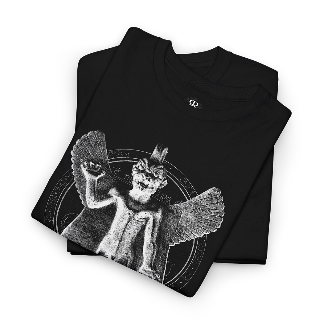 Black T-shirt with a graphic print of the ancient Mesopotamian demon Pazuzu.