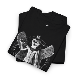 Black T-shirt with a graphic print of the ancient Mesopotamian demon Pazuzu.