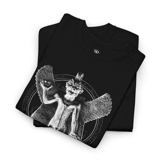 Black T-shirt with a graphic print of the ancient Mesopotamian demon Pazuzu.