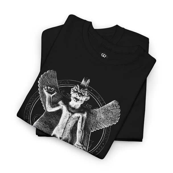 Black T-shirt with a graphic print of the ancient Mesopotamian demon Pazuzu.