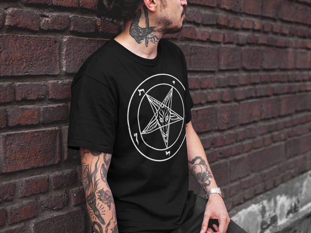 Man wearing Pentagram Sigil of Baphomet T-Shirt