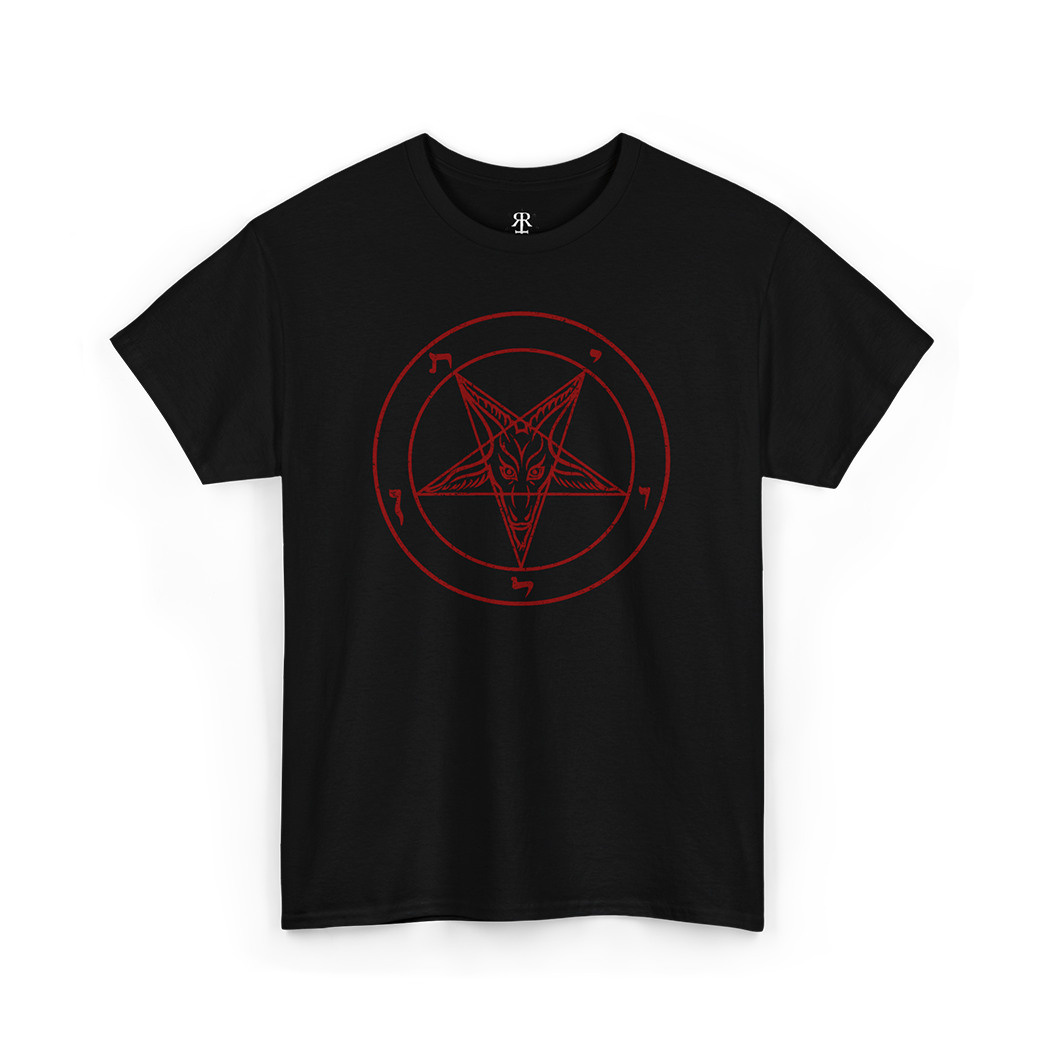 Black crew neck t-shirt with the white graphic of the Sigil of Baphomet pentagram design in the center, PENTAGRAM, red print