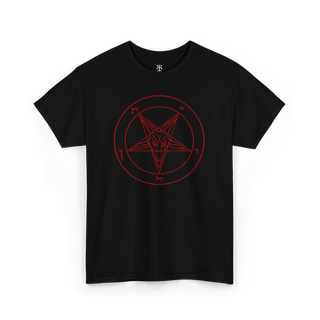 Black crew neck t-shirt with the white graphic of the Sigil of Baphomet pentagram design in the center, PENTAGRAM, red print