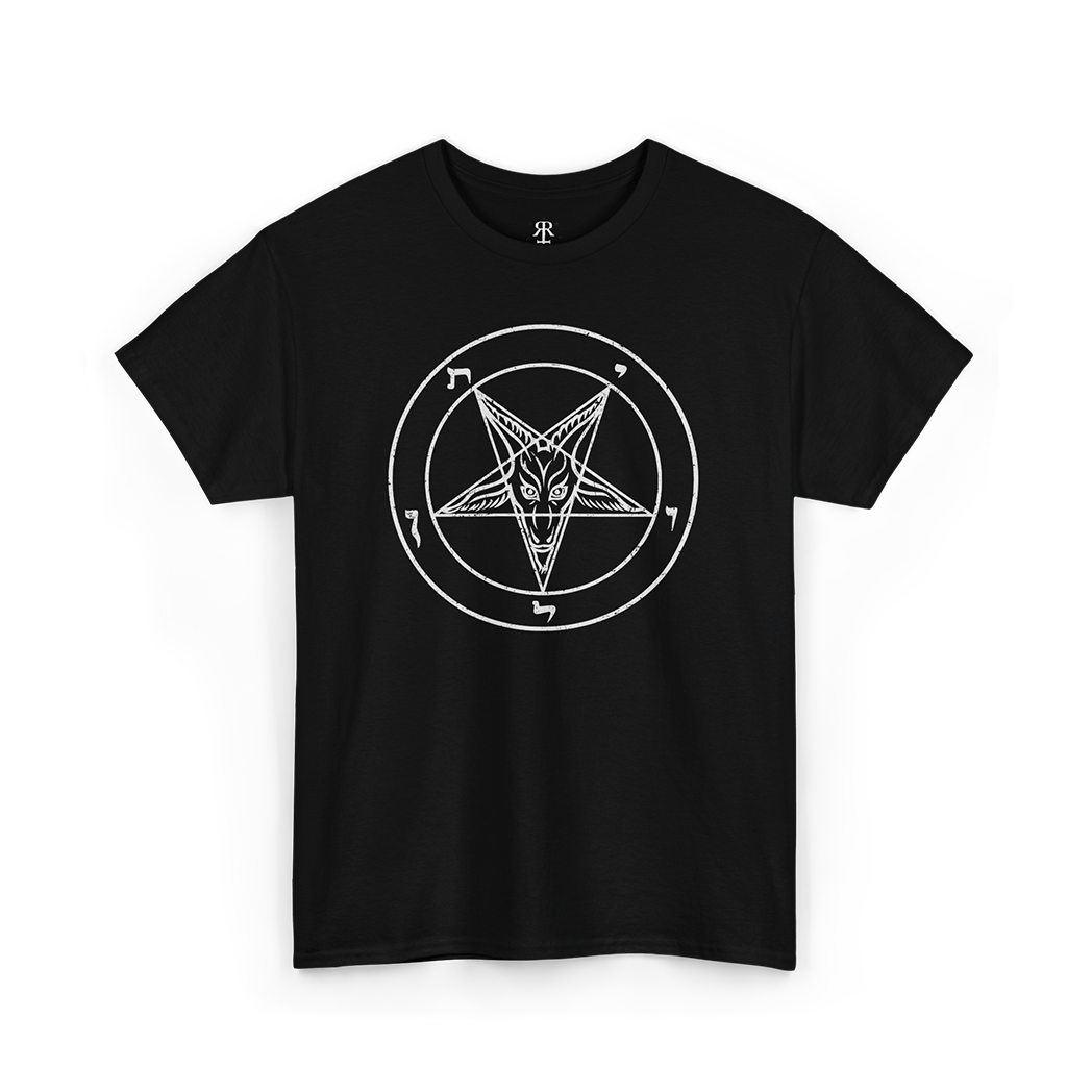 Black crew neck t-shirt with the white graphic of the Sigil of Baphomet pentagram design in the center, PENTAGRAM