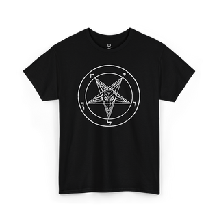 Black crew neck t-shirt with the white graphic of the Sigil of Baphomet pentagram design in the center, PENTAGRAM