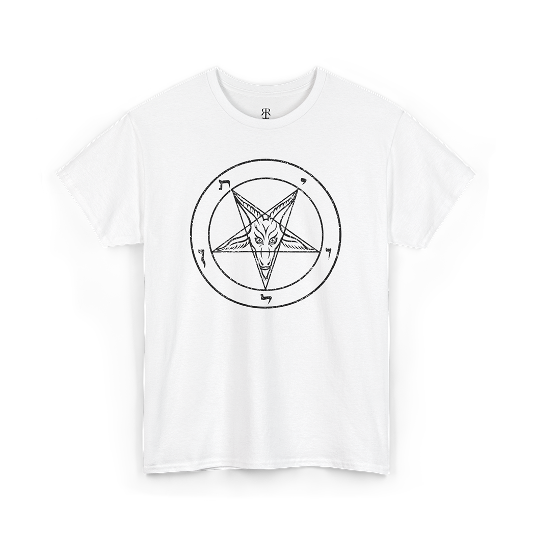 White crew neck t-shirt with the white graphic of the Sigil of Baphomet pentagram design in the center, PENTAGRAM