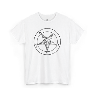 White crew neck t-shirt with the white graphic of the Sigil of Baphomet pentagram design in the center, PENTAGRAM