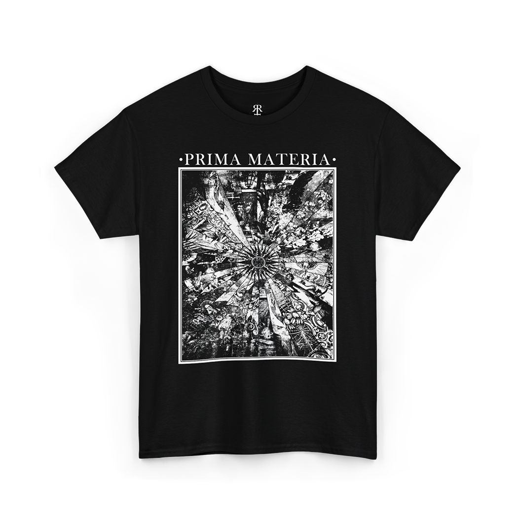 Black T-shirt with 'PRIMA MATERIA' text and an alchemical symbol graphic