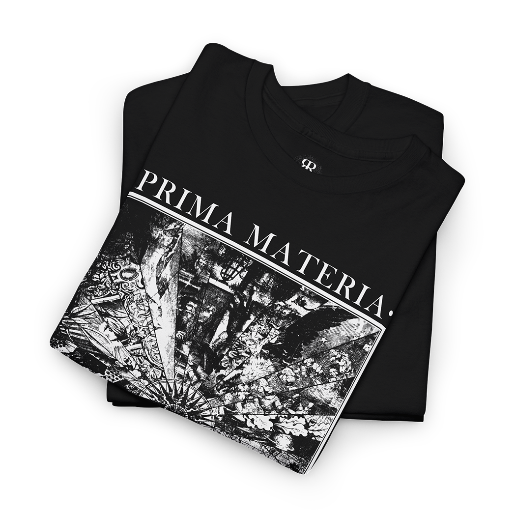 Black T-shirt with 'PRIMA MATERIA' text and an alchemical symbol graphic