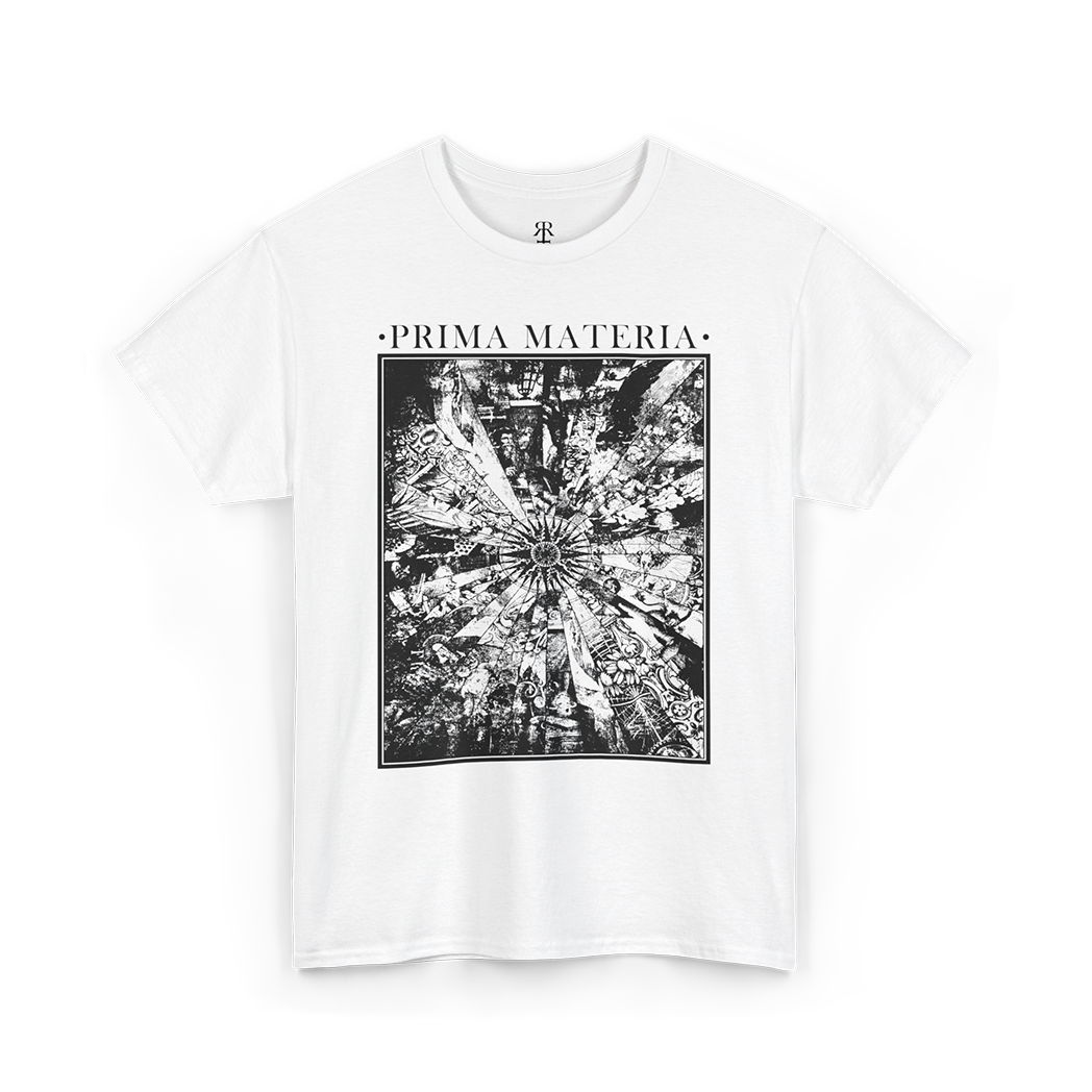 White T-shirt with 'PRIMA MATERIA' text and an alchemical symbol graphic