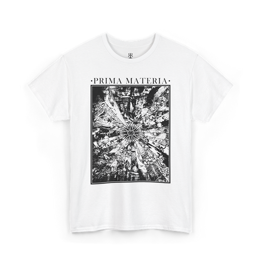 White T-shirt with 'PRIMA MATERIA' text and an alchemical symbol graphic