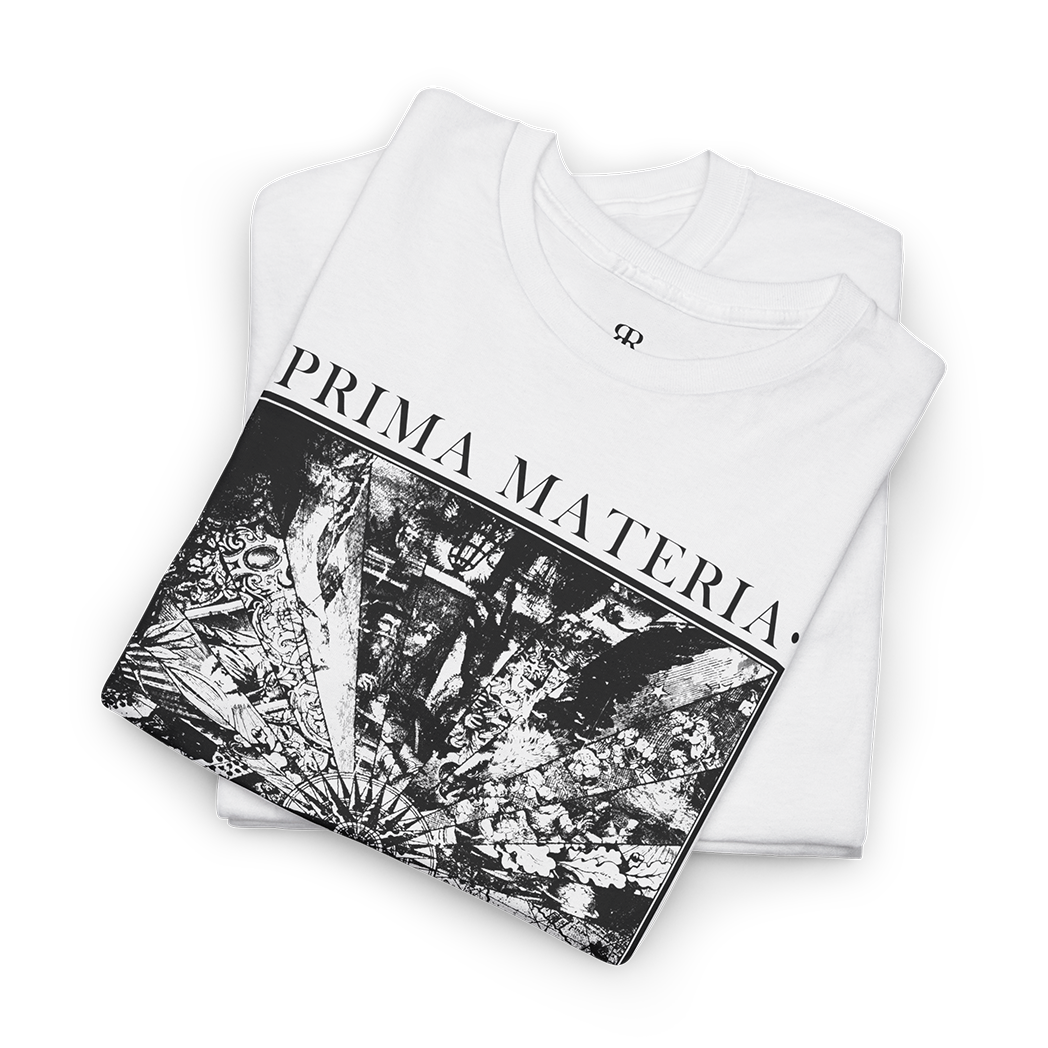 White T-shirt with 'PRIMA MATERIA' text and an alchemical symbol graphic