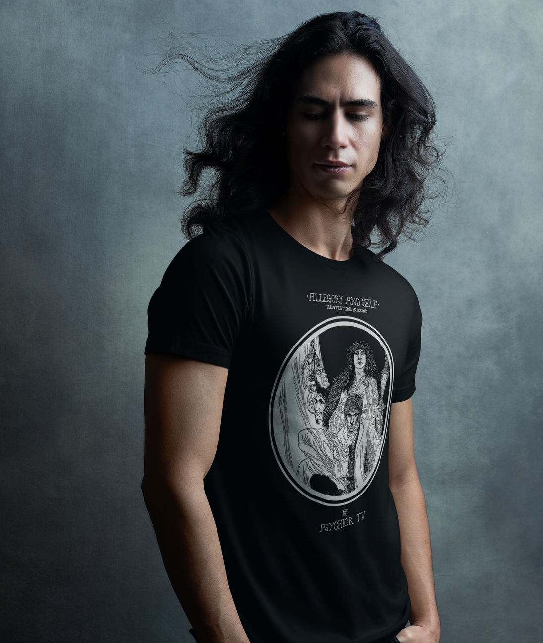 Man wearing Psychic TV Allegory and Self T-Shirt