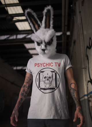 Man wearing Psychic TV Skull T-Shirt