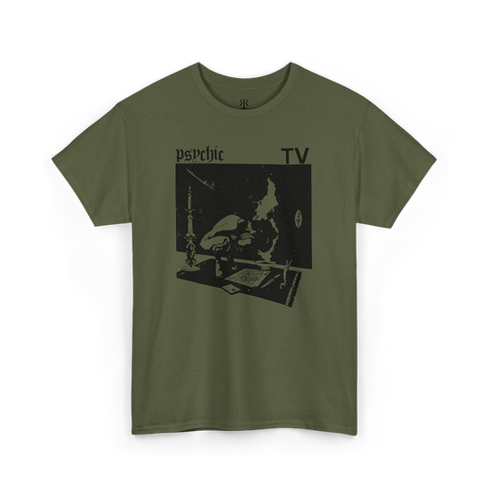 Psychic TV T-shirt showing the band’s logo and artwork, olive green