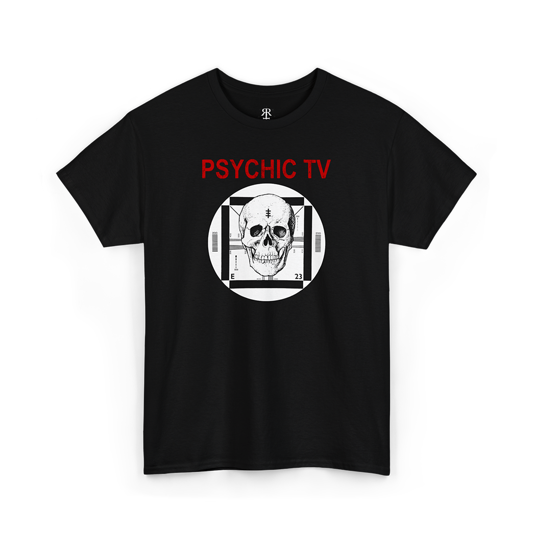 Psychic TV t-shirt showing their logo with human skull, black