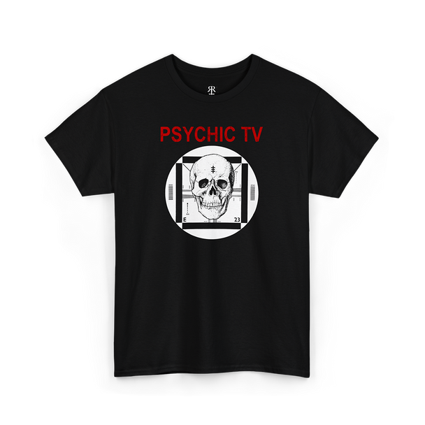 Psychic TV t-shirt showing their logo with human skull, black