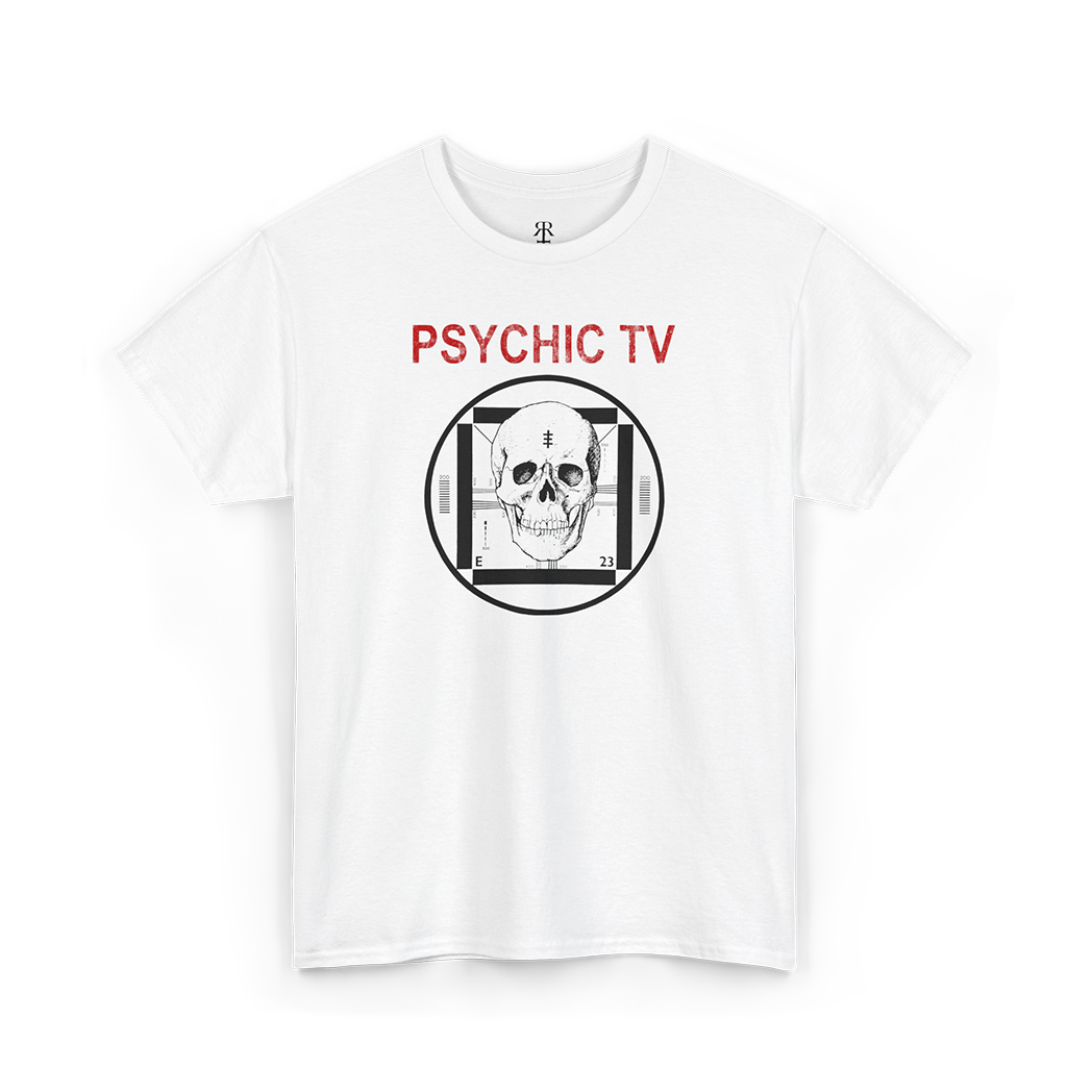 Psychic TV t-shirt showing their logo with human skull, white