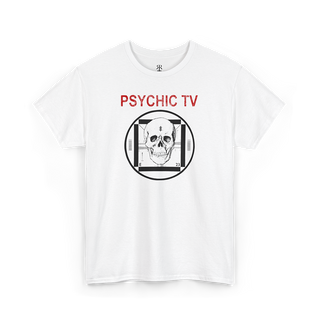 Psychic TV t-shirt showing their logo with human skull, white