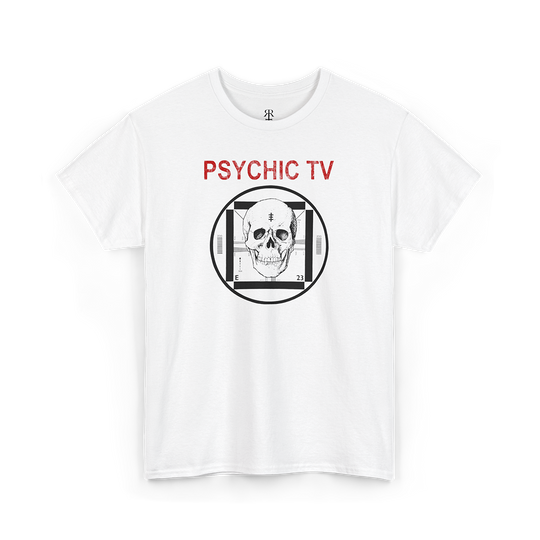 Psychic TV t-shirt showing their logo with human skull, white