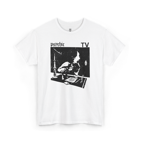 Psychic TV T-shirt showing the band’s logo and artwork, white
