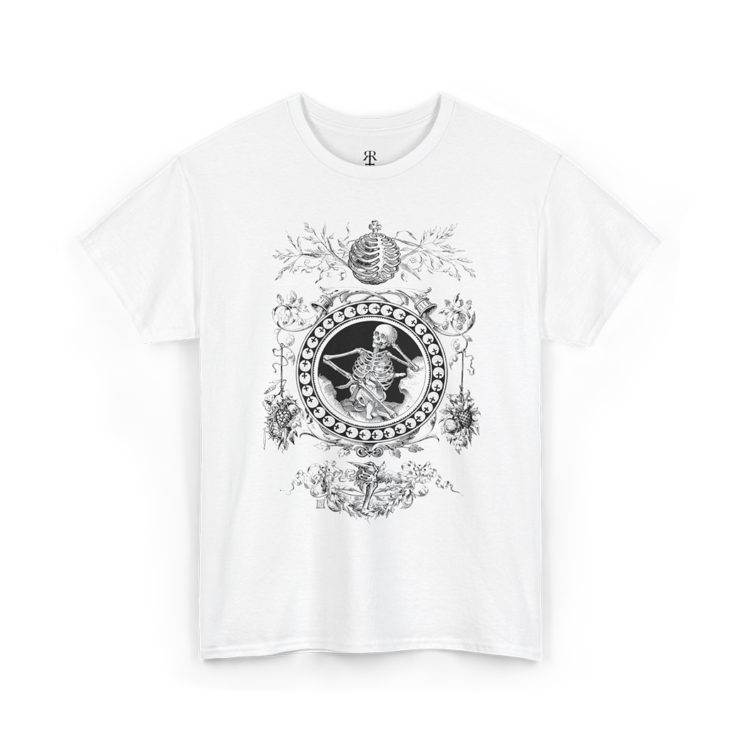 White Skeleton Emblem T-Shirt, featuring a striking illustration from Francis Quarles’ Emblems (1861). 