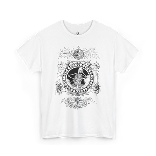 White Skeleton Emblem T-Shirt, featuring a striking illustration from Francis Quarles’ Emblems (1861). 