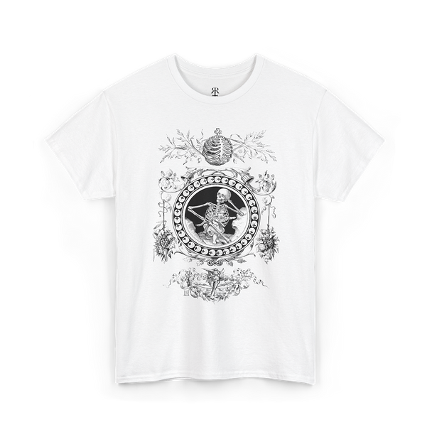 White Skeleton Emblem T-Shirt, featuring a striking illustration from Francis Quarles’ Emblems (1861). 