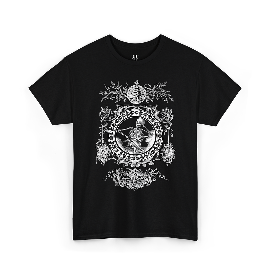 Black Skeleton Emblem T-Shirt, featuring a striking illustration from Francis Quarles’ Emblems (1861). 