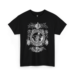 Black Skeleton Emblem T-Shirt, featuring a striking illustration from Francis Quarles’ Emblems (1861). 