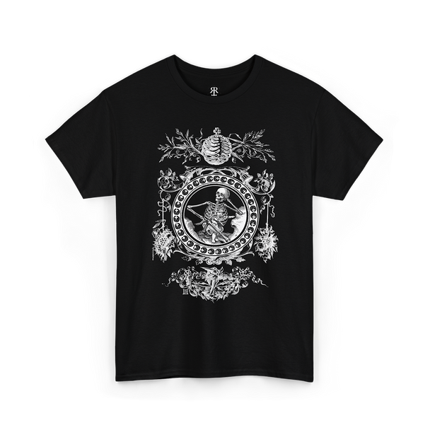 Black Skeleton Emblem T-Shirt, featuring a striking illustration from Francis Quarles’ Emblems (1861). 