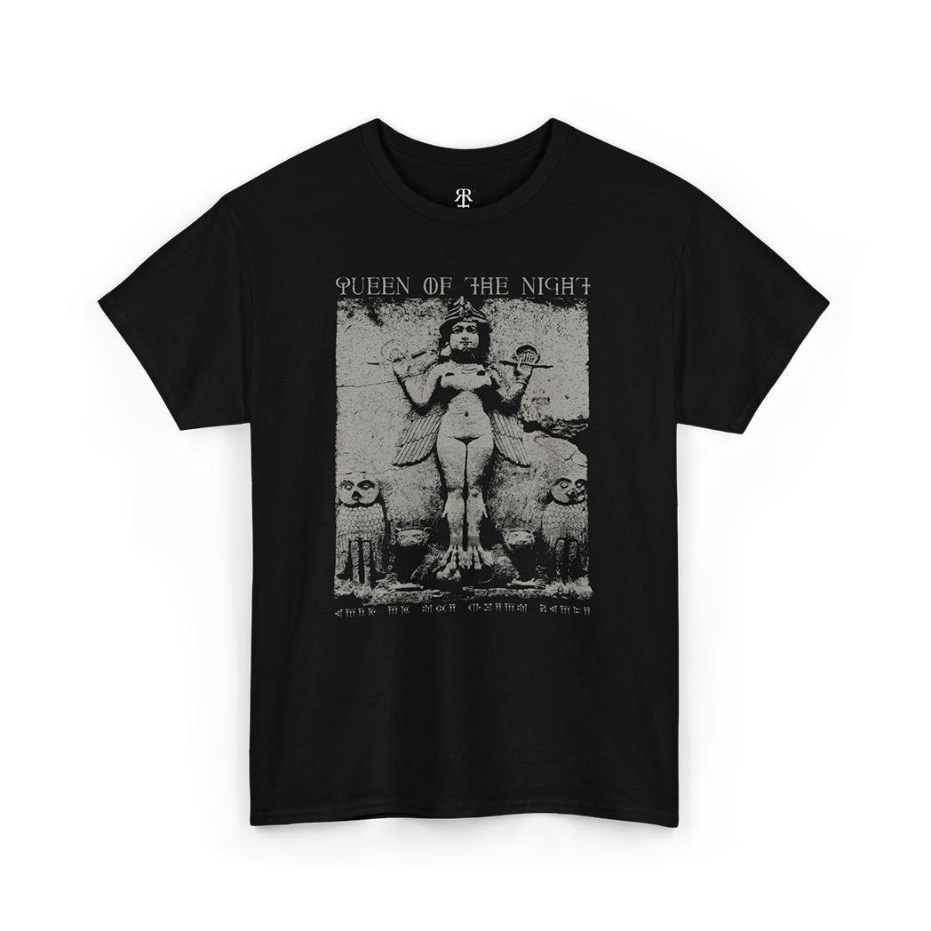 Black T-shirt with a gray graphic print of a stone relief from Babylon and the text 'Queen of the Night'.