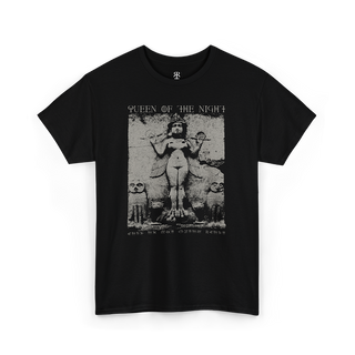 Black T-shirt with a gray graphic print of a stone relief from Babylon and the text 'Queen of the Night'.