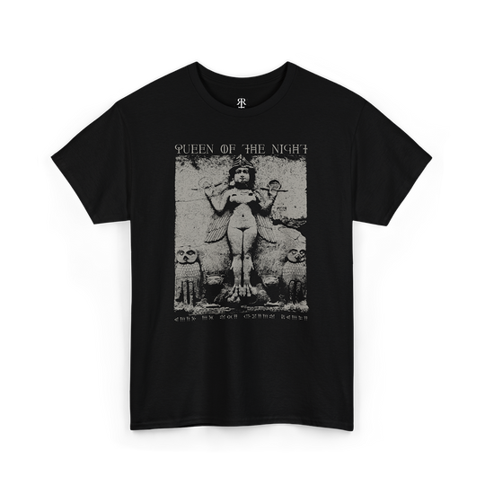 Black T-shirt with a gray graphic print of a stone relief from Babylon and the text 'Queen of the Night'.