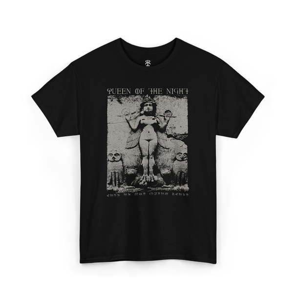 Black T-shirt with a gray graphic print of a stone relief from Babylon and the text 'Queen of the Night'.