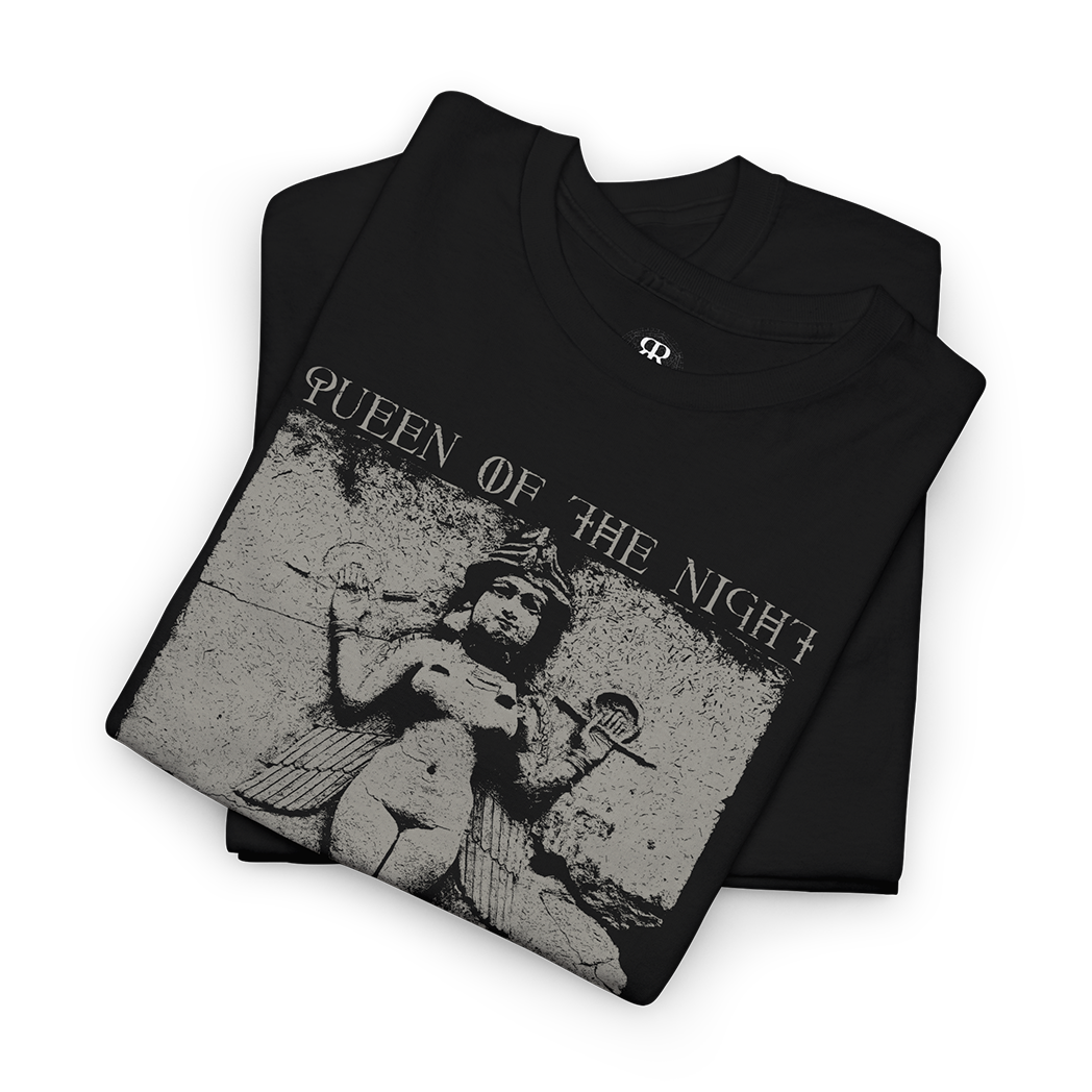 Black T-shirt with a gray graphic print of a stone relief from Babylon and the text 'Queen of the Night'.