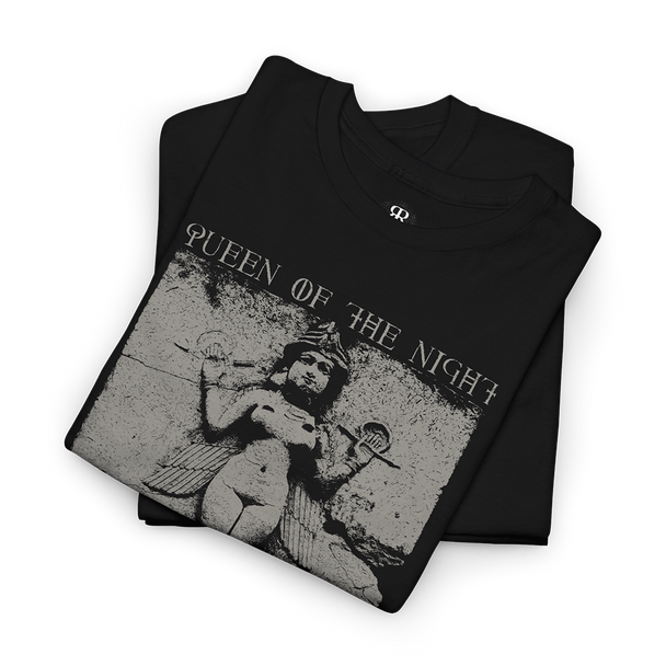 Black T-shirt with a gray graphic print of a stone relief from Babylon and the text 'Queen of the Night'.