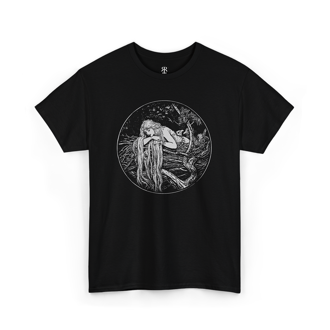 Black t-shirt with a print of Rapunzel from the Brothers Grimm fairy tale, featuring a young girl with long hair.