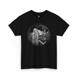 Black t-shirt with a print of Rapunzel from the Brothers Grimm fairy tale, featuring a young girl with long hair.