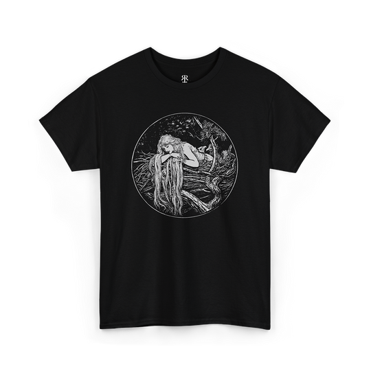 Black t-shirt with a print of Rapunzel from the Brothers Grimm fairy tale, featuring a young girl with long hair.