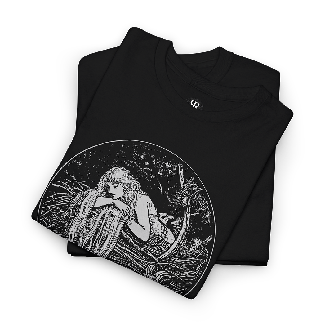 Black t-shirt with a print of Rapunzel from the Brothers Grimm fairy tale, featuring a young girl with long hair.