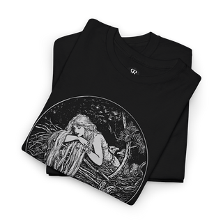 Black t-shirt with a print of Rapunzel from the Brothers Grimm fairy tale, featuring a young girl with long hair.