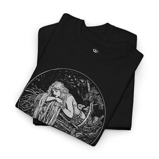 Black t-shirt with a print of Rapunzel from the Brothers Grimm fairy tale, featuring a young girl with long hair.
