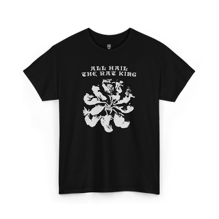A black T-shirt with 'All Hail THE RAT KING' printed in white text and a white graphic of a rat king design.