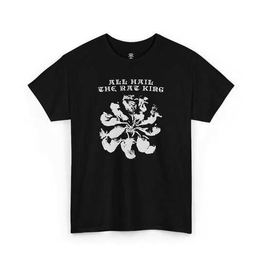 A black T-shirt with 'All Hail THE RAT KING' printed in white text and a white graphic of a rat king design.